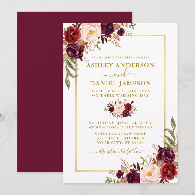 Modern Watercolor Floral Burgundy Wedding Gold Invitation (Front/Back)