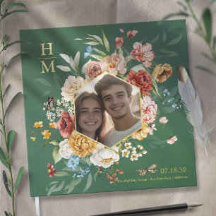 Modern Watercolor Floral Couple Photo Wedding gold Guest Book