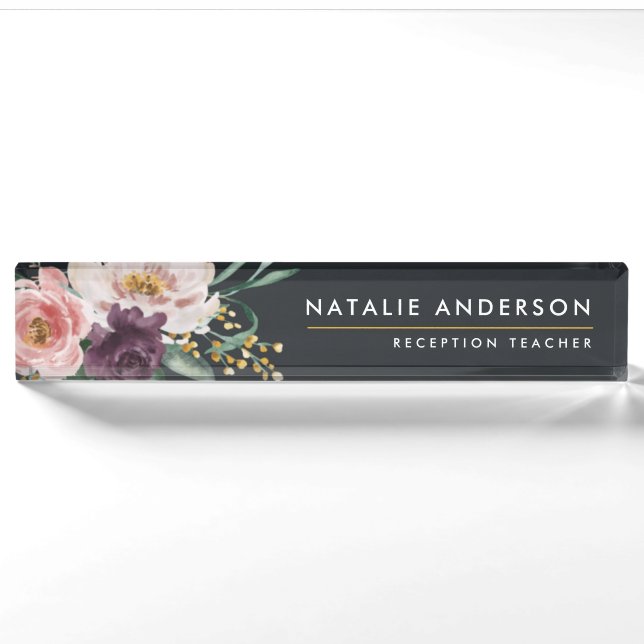 Modern watercolor floral foliage elegant teacher nameplate (Front)