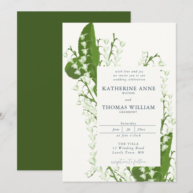 Modern Watercolor Floral Frame Lily Valley Wedding Invitation (Front/Back)