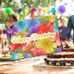 Modern Watercolor Floral Gold Happy Birthday Card