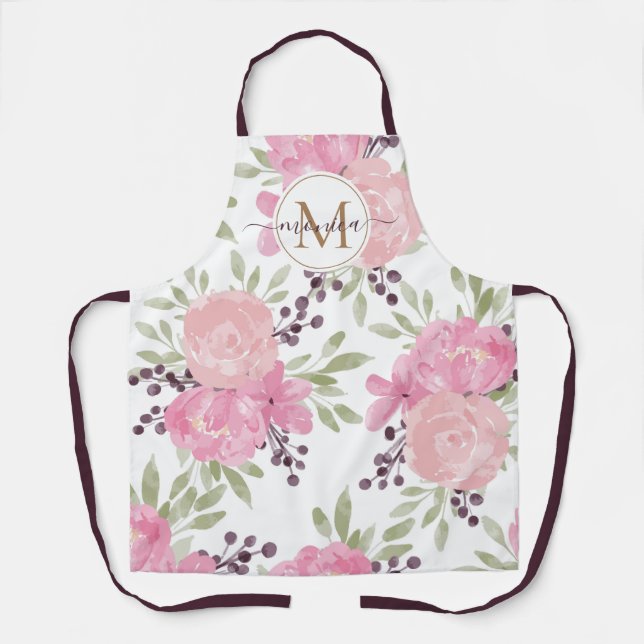 Modern Watercolor Floral Gold Monogram Name Apron (Front)