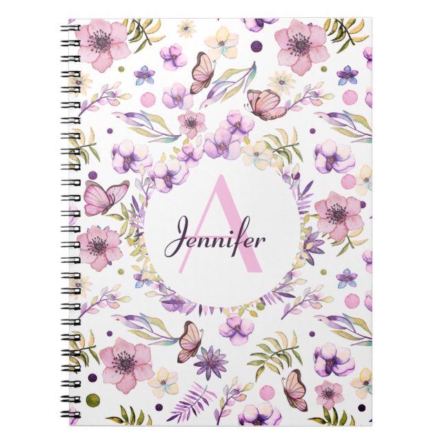 Modern Watercolor Floral Monogram Girly White Notebook (Front)