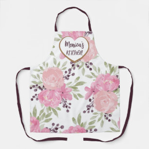 Modern Watercolor Floral Name Kitchen Gold Heart Apron