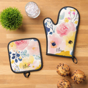 Modern Watercolor Floral Pattern Oven Mitt & Pot Holder Set