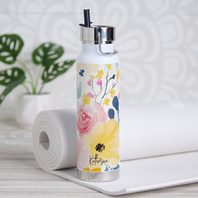 Modern Watercolor Floral Pattern Water Bottle (Yoga)