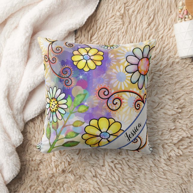 Modern Watercolor Floral Personalized Name Throw Pillow (Blanket)