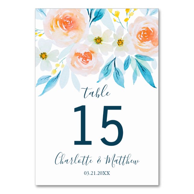 Modern Watercolor Floral Personalized Wedding Table Number (Front)