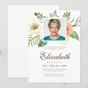 Modern Watercolor Floral Photo Celebration of Life Invitation