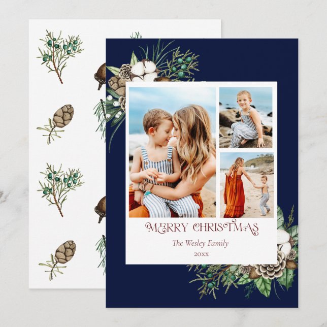 Modern Watercolor Floral Photo Christmas Card (Front/Back)
