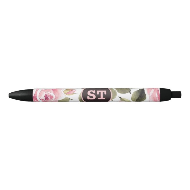 Modern Watercolor Floral Pink Black Ink Pen (Front)
