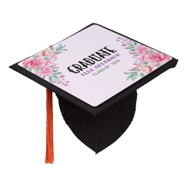 Modern  Watercolor Floral Pink Graduation Cap Topper (Angled)