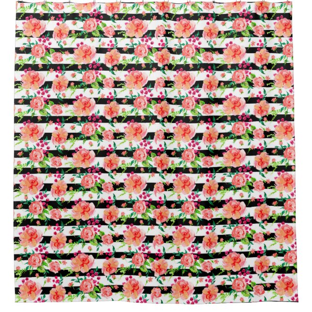 Modern Watercolor Floral Pink Rose Black Stripe (Front)
