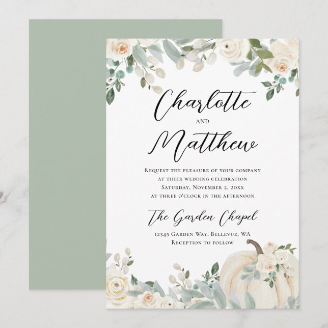 Modern Watercolor Floral Pumpkin Wedding Invitation (Front/Back)
