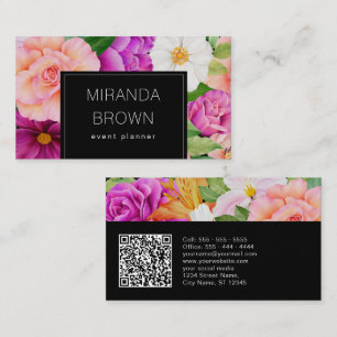Modern Watercolor Floral Purple Pink Black QR Code Business Card