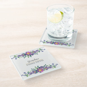 Modern watercolor floral script elegant grandma glass coaster