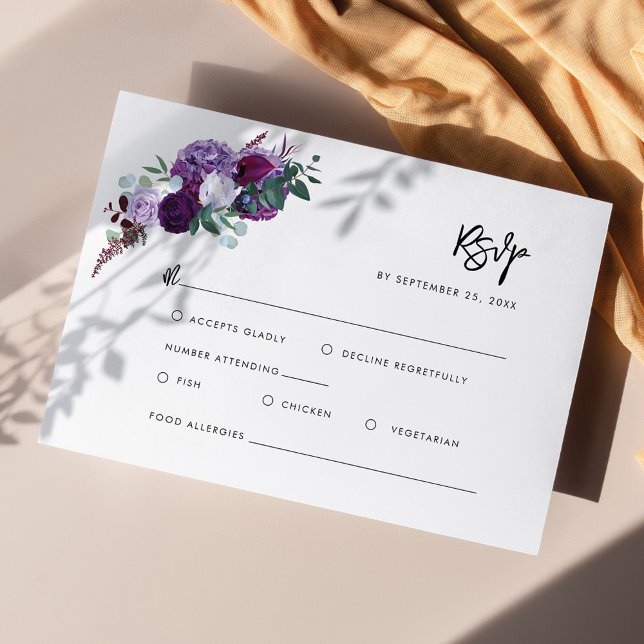 Modern Watercolor Floral Script Wedding RSVP Card (Purple Floral Horizontal Wedding RSVP Card)