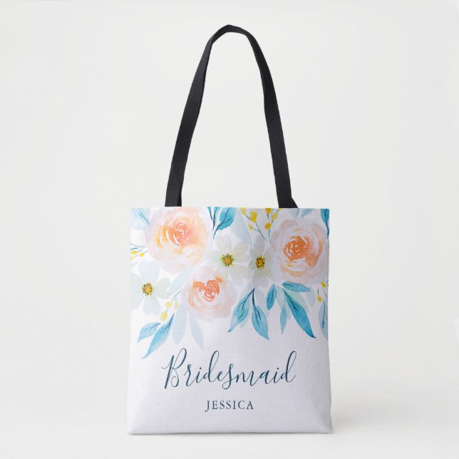 Modern Watercolor Floral Wedding Bridesmaid Tote Bag (Front)