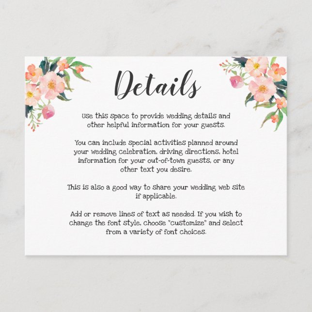 Modern Watercolor Floral Wedding Details Postcard (Front)