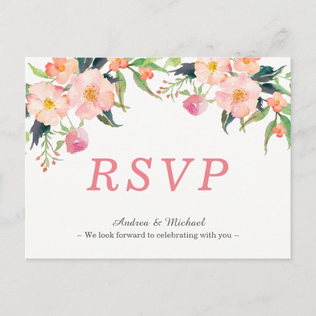 Modern Watercolor Floral Wedding RSVP Postcard (Front)