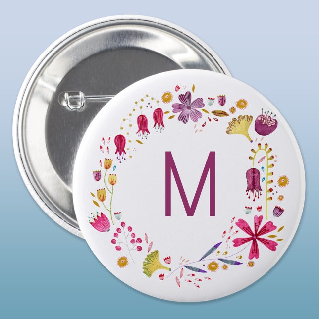 Modern Watercolor Flower Monogram 1 Inch Round Button (Modern monogram initial personalized watercolor wildflower floral button)