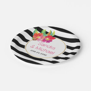 Modern, watercolor flower & stripes floral wedding paper plate