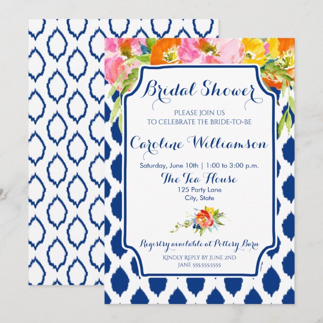 Modern Watercolor Flowers Bridal Shower Invitation (Front/Back)
