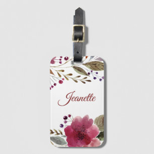 Modern Watercolor Flowers Burgundy and Green Luggage Tag