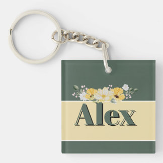 Modern Watercolor Flowers & green Bg Keychain