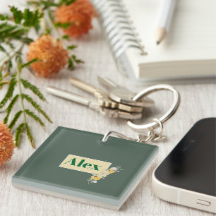 Modern Watercolor Flowers & green Bg Keychain