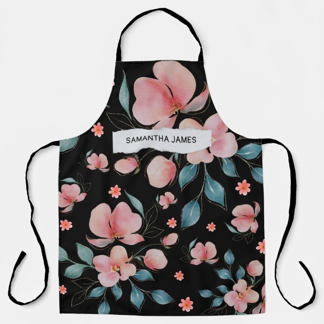 Modern Watercolor Flowers & Kraft Personalized Gif Apron (Front)