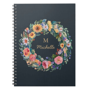 Modern Watercolor flowers Monogram Script Name     Notebook