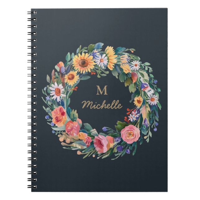 Modern Watercolor flowers Monogram Script Name     Notebook (Front)