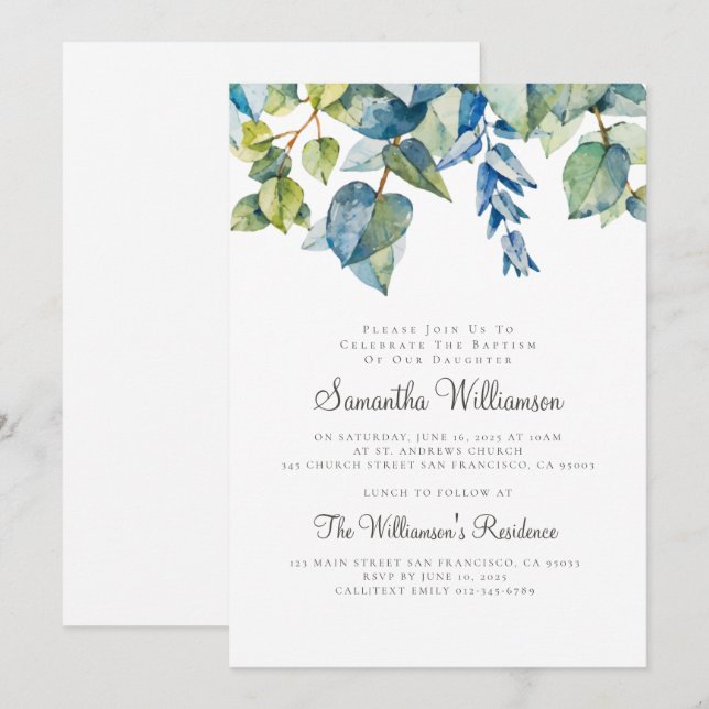 Modern Watercolor Foliage Baptism Invitation (Front/Back)