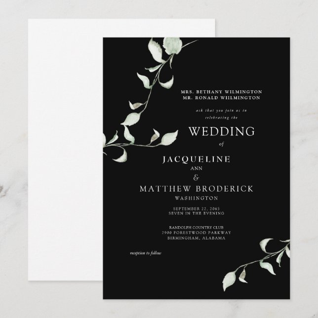 Modern Watercolor Foliage Black Wedding Invitation (Front/Back)