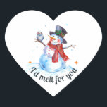 Modern Watercolor Funny Cute Christmas Snowman  Heart Sticker<br><div class="desc">Add a touch of festive charm with this heart-shaped, cute Snowman Christmas sticker! Featuring a snowman and a friendly bird in a winter scene wonderland, this watercolor design with the sweet words ‘I’d Melt For You’ is perfect for decorating gifts, envelopes, or spreading holiday cheer on any surface. For a...</div>