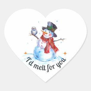 Modern Watercolor Funny Cute Christmas Snowman Heart Sticker