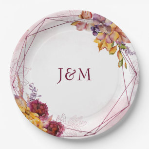 Modern Watercolor Geometric Fall Bouquet Wedding Paper Plate