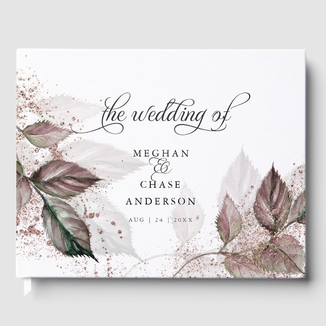 Modern Watercolor Glitter Foliage  BarefootBride™ Guest Book (Front)