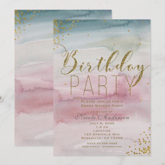 Modern Watercolor Gold Confetti Birthday Party Invitation (Front/Back)