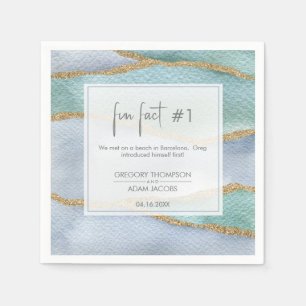 Modern Watercolor Gold Dusty Blue Fun Fact Wedding Napkin