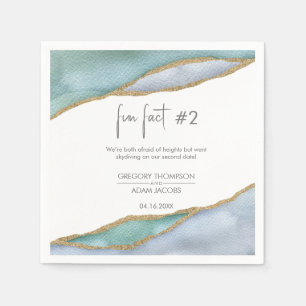 Modern Watercolor Gold Dusty Blue Fun Fact Wedding Napkin