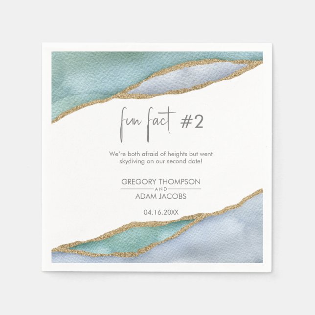 Modern Watercolor Gold Dusty Blue Fun Fact Wedding Napkin (Front)