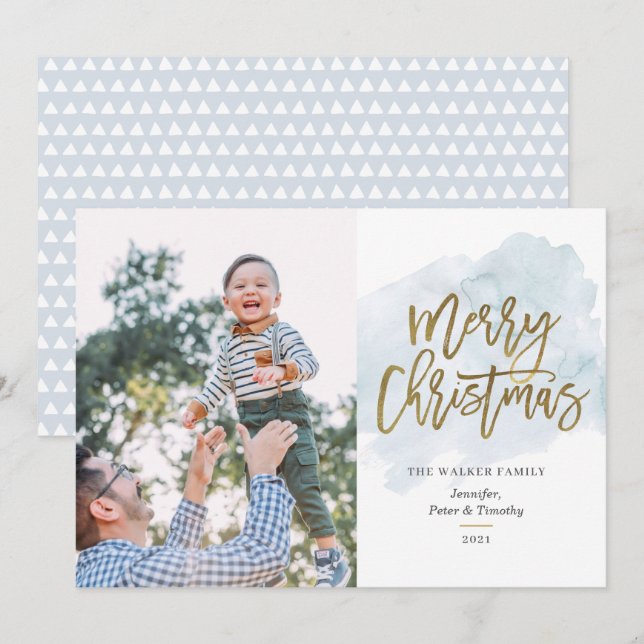 Modern Watercolor Gold Foil Script Calligraphy Hol Holiday Card (Front/Back)