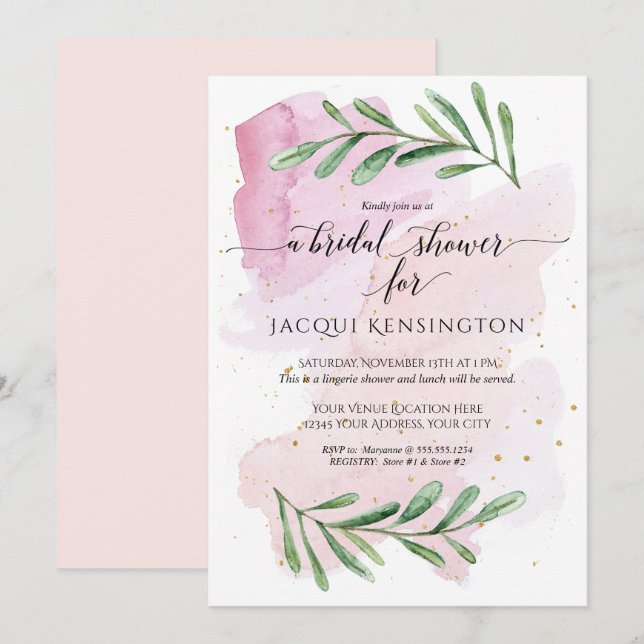 Modern Watercolor Gold n Pink Eucalyptus Greenery Invitation (Front/Back)