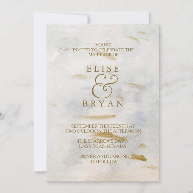 Modern Watercolor Gold White Marble Wedding Invite (Front)