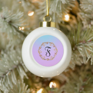 Modern watercolor gradient  flowers Monogram Name Ceramic Ball Christmas Ornament