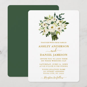 Modern Watercolor Green Floral Wedding Gold Invitation