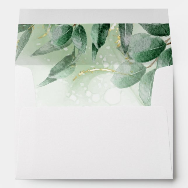 Modern Watercolor Green Foliage Gold Envelope (Back (Bottom))