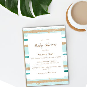 Modern Watercolor Green Gold Stripe Baby Shower Invitation